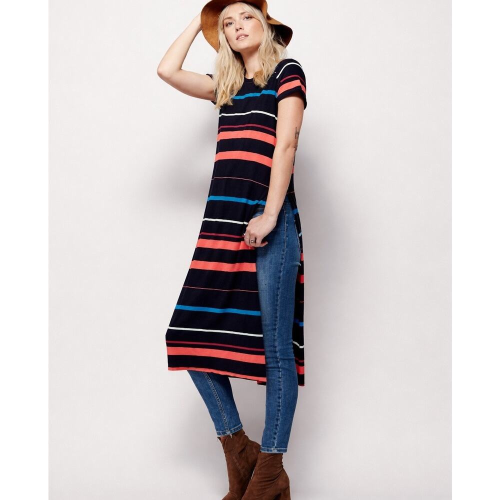 Free People NWT XS Black Multi Stripe Maxi T-Shirt Dress Short Sleeve Boho